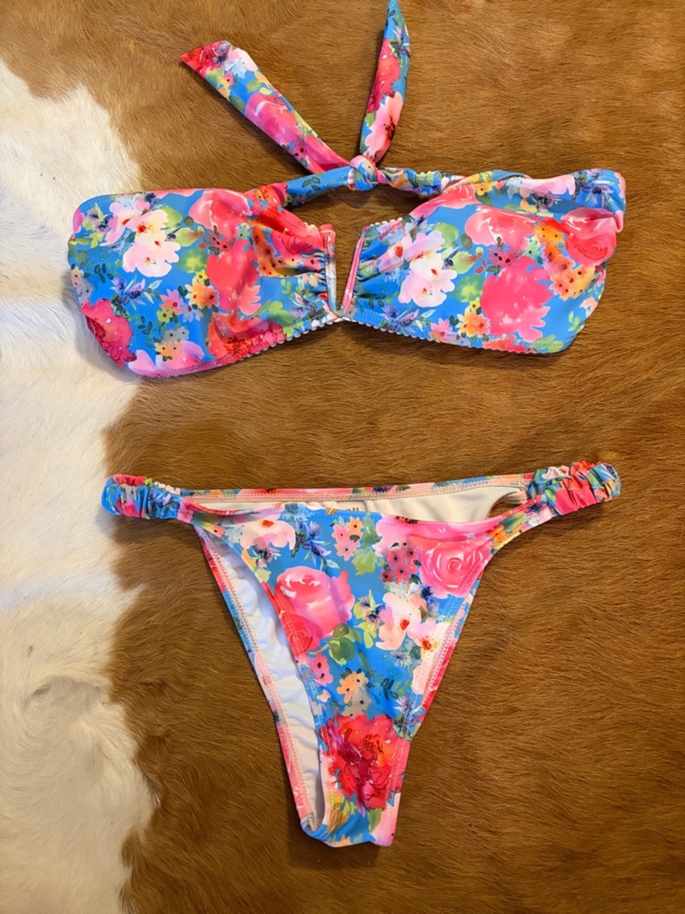 Vibrant Floral Bikini Set - Blue Background with Pink & Coral Flowers